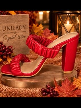 Unilady “Crystal Wine” Ruched Block Heel Sandals – New in Box